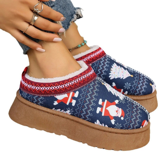 Mandotos Christmas Cartoon Print Plush Lined Slip On Navy Ankle Boots For Women Indoor Home Shoes - MANDOTOS