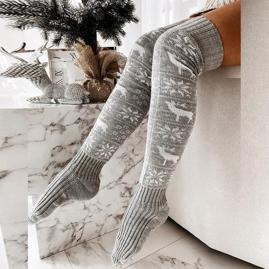 MANDOTOS Christmas Knitted Stockings Elk Snowflake Over-The-Knee Socks Free Size For Women - MANDOTOS