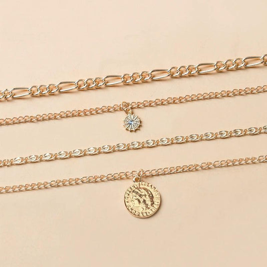 Mandotos Chunky Gold Layered Necklace With Coin Pendant And Sun Charm For Women - MANDOTOS