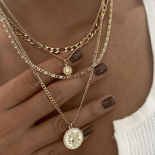 Mandotos Chunky Gold Layered Necklace With Coin Pendant And Sun Charm For Women - MANDOTOS