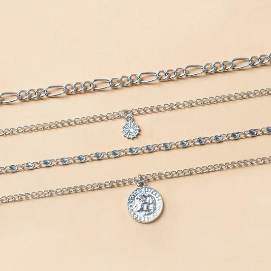 Mandotos Chunky Gold Layered Necklace With Coin Pendant And Sun Charm For Women - MANDOTOS
