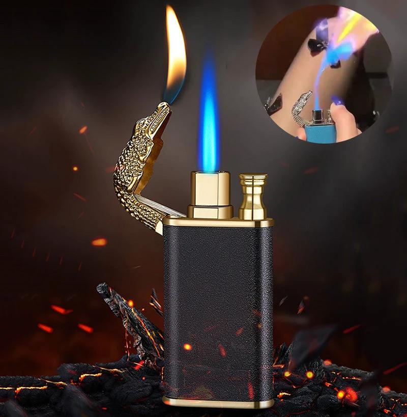 Mandotos Creative Blue Flame Lighter Dolphin Dragon Tiger Metal Windproof Double Flame Refillable - MANDOTOS