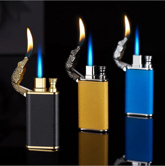 Mandotos Creative Blue Flame Lighter with dolphin, dragon, tiger designs, metal windproof double flame, refillable and stylish.