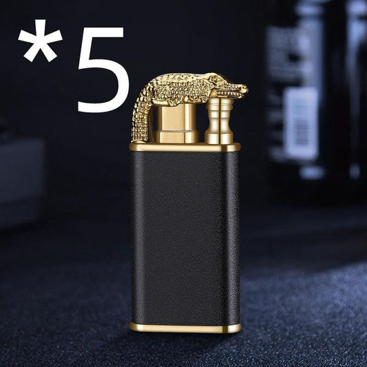 Mandotos creative blue flame lighter featuring dolphin, dragon, and tiger designs with double windproof flames, refillable metal body.