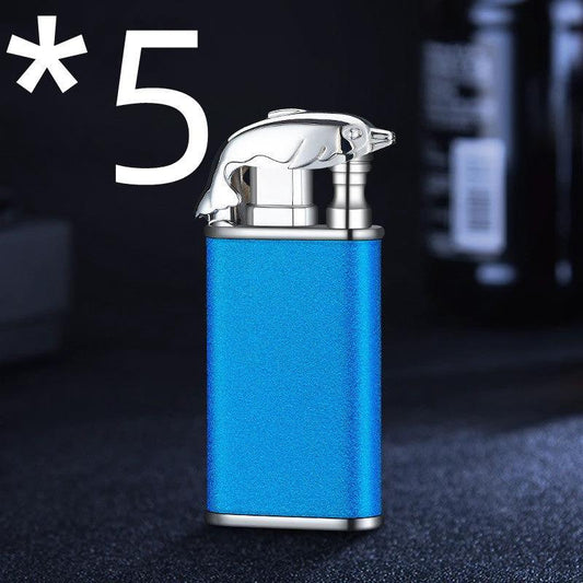 Mandotos Creative Blue Flame Lighter with dolphin, dragon, and tiger designs, metal windproof double flame, refillable, artistic style.