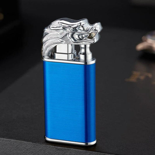 Mandotos blue flame lighter featuring dolphin, dragon, and tiger designs with windproof metal body and double flame, refillable.