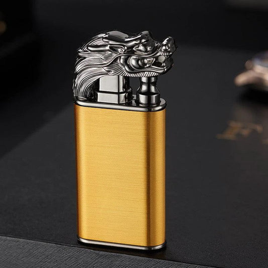 Mandotos Creative Blue Flame Lighter with dolphin, dragon, tiger designs, metal windproof double flame, refillable.