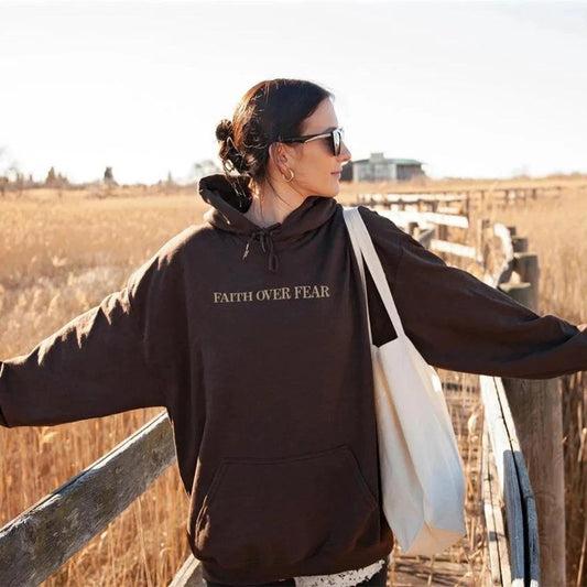 Mandotos Faith Over Fear Christian Hoodie Unisex Brown Bible Verse Psalms 118 Verse 6 - MANDOTOS