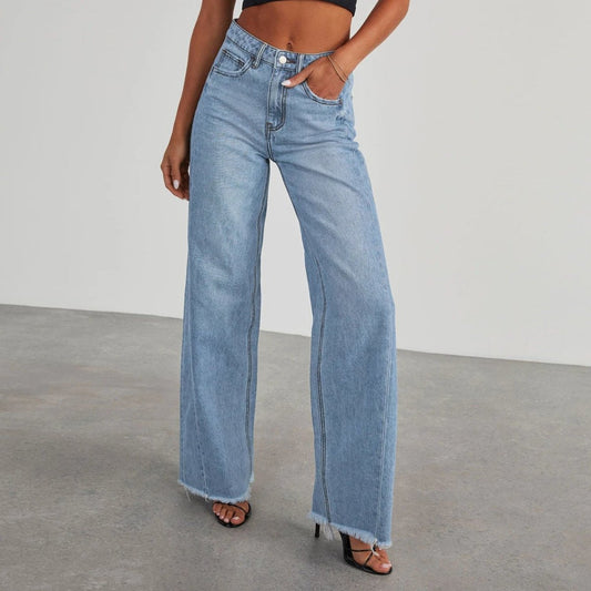 Mandotos Fashion High Waist Jeans With Pockets Slim Fit Straight Wide Leg Denim Pants - MANDOTOS