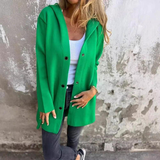 Red MANDOTOS hooded cardigan with single-breasted design, loose fit, and casual style, shown on a model.