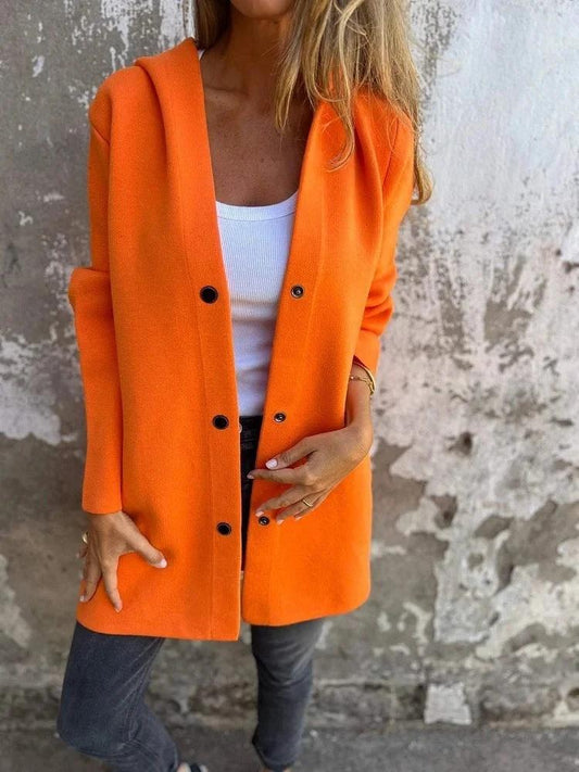 Mandotos hooded cardigan with a single-breasted design, loose fit, and vibrant red color, ideal for casual layered style.