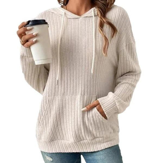 Mandotos Womens Knit Hoodie Sweatshirt With Pockets Drawstring Long Sleeve Solid Sunken Stripe Knitwear - MANDOTOS