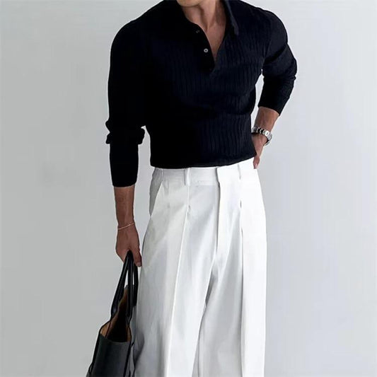 Men's Polo Shirt - Lapel Button Long Sleeve Slim Fit - MANDOTOS