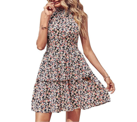 Summer Printed Halter Dress Fashion Boho Backless Ruffled A-Line Beach Dresses For Womens Clothing - MANDOTOS