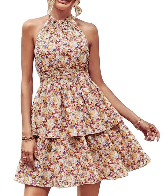 Summer Printed Halter Dress Fashion Boho Backless Ruffled A-Line Beach Dresses For Womens Clothing - MANDOTOS