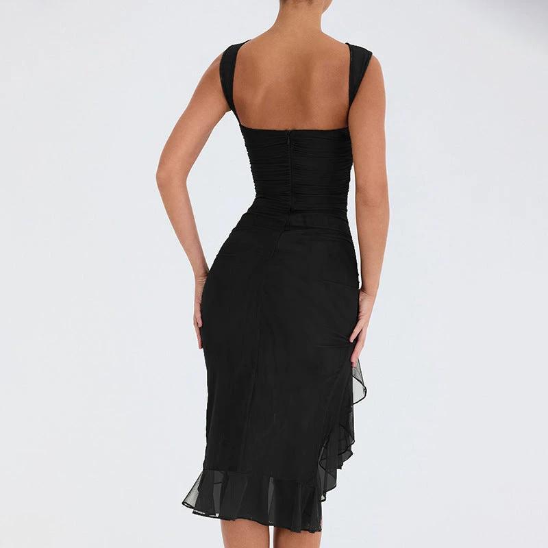 Mandotos summer slim skinny sleeveless dress for women, perfect for fashion, parties, and club events, shown in black fabric.