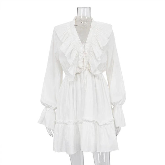 Mandotos V-neck pleated ruffle dress with Y2K style, flared sleeves, short length, perfect for a trendy, vintage-inspired look.