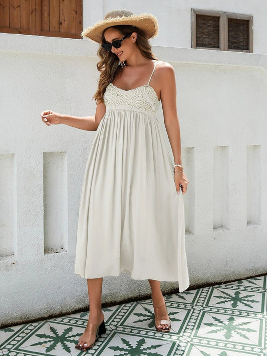 Women's Bohemian Maxi Dress - Breathable Rayon Fabric With Embroidered Bust And Elastic Back, Flowy Skirt In Black, White, And Green - MANDOTOS