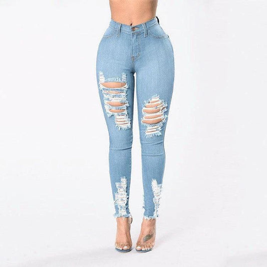 Denim Pencil Pants Slim Long Trousers Ripped Hole Stretch Feet Pants Female - MANDOTOS