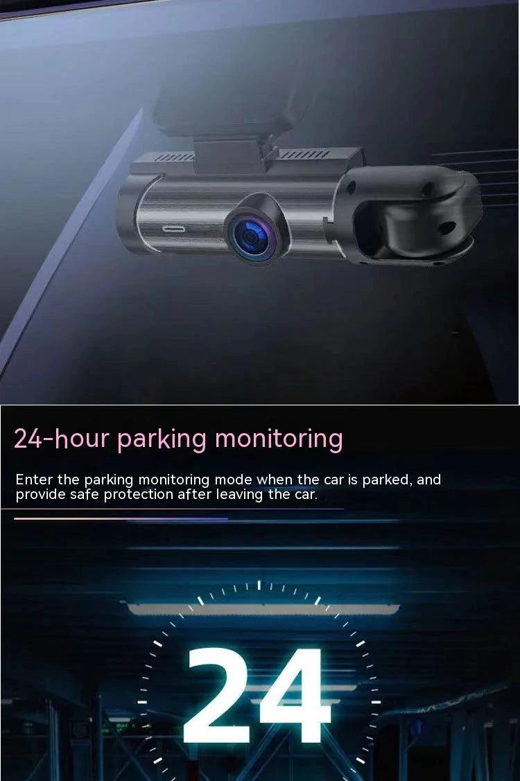 Mandotos dual-lens HD 316-inch driving recorder capturing front and rear views with clear video footage.