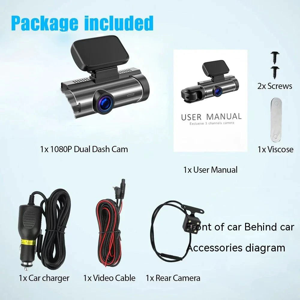 MANDOTOS dual-lens HD 3.16-inch driving recorder with front and rear cameras capturing clear road footage