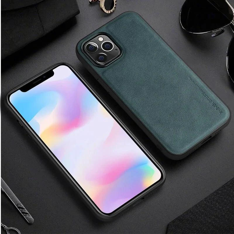 Elegant leather iPhone shield by MANDOTOS, showing a sleek, durable phone case with smooth leather finish and precise cutouts.
