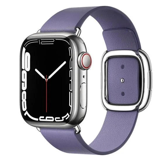 Elegant leather strap by MANDOTOS, showcasing smooth leather with adjustable buckle and refined stitching details.