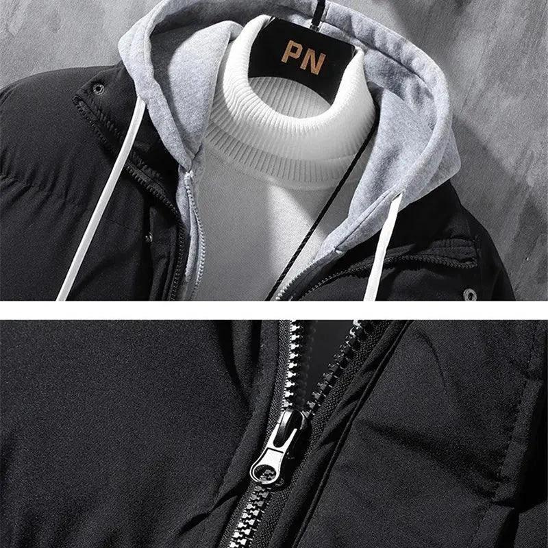 Men's winter hooded windproof cotton jacket by MANDOTOS, thickened, solid color, two-piece style, suitable for leisure and sports.