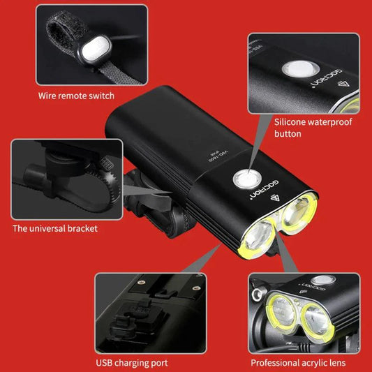 Mandotos GACIRON bicycle front light with 400-1800 lumens, waterproof LED headlamp, USB rechargeable for MTB and road cycling.