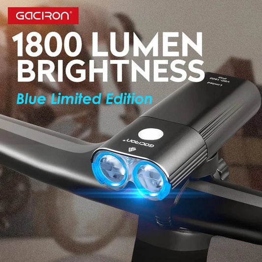 MANDOTOS GACIRON bicycle front light with 400-1800 lumens, waterproof LED headlamp, USB rechargeable for MTB and road cycling.