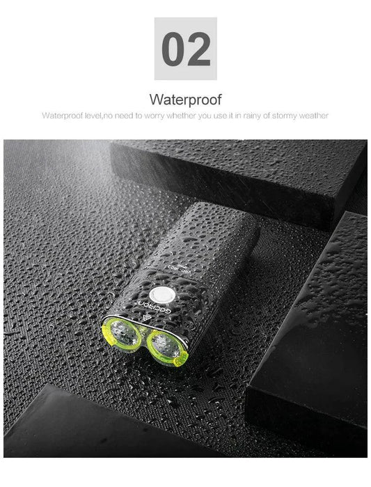 MANDOTOS GACIRON bicycle front light with 1800 lumens, USB rechargeable, waterproof LED headlamp for MTB and road cycling.