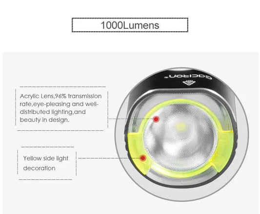 Mandotos GACIRON bicycle front light with 400-1800 lumens, waterproof LED headlamp, USB rechargeable for MTB and road cycling.