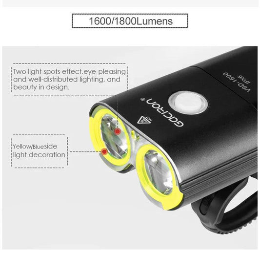 Mandotos GACIRON bicycle front light with 400-1800 lumens, waterproof LED headlamp, USB rechargeable, ideal for MTB and road cycling.