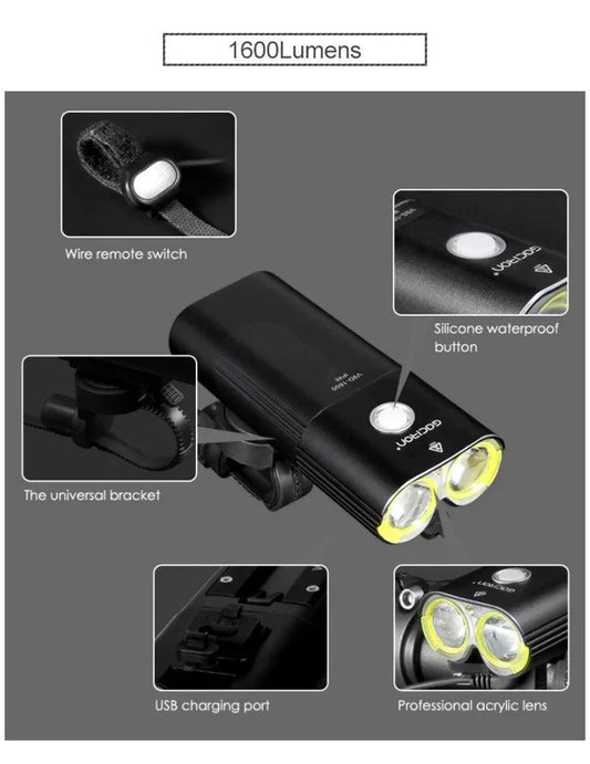 Mandotos GACIRON bicycle front light with 400-1800 lumens, waterproof LED headlamp, USB rechargeable for MTB and road cycling.