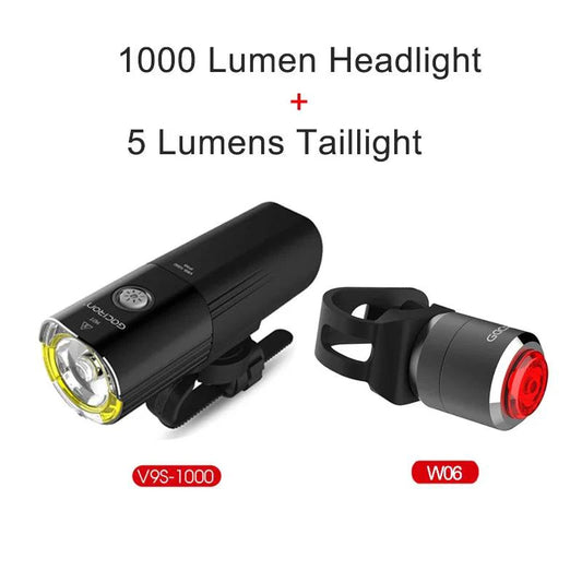 Mandotos GACIRON bicycle front light with 400-1800 lumens, waterproof LED headlamp for MTB and road cycling, USB rechargeable.