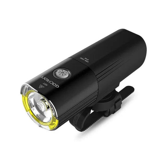 Mandotos GACIRON bicycle front light with 400-1800 lumens, waterproof LED headlamp, USB rechargeable for MTB and road cycling.