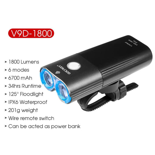 Mandotos GACIRON bicycle front light with 400-1800 lumens, waterproof LED headlamp, USB rechargeable for MTB and road cycling.
