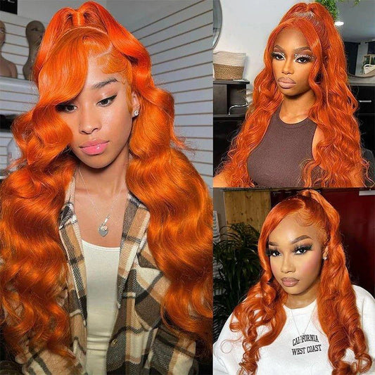 Mandotos Ginger Orange Body Wave Human Hair Lace Front Wig with 13x6 parting, pre-plucked, #350 color, 200% density