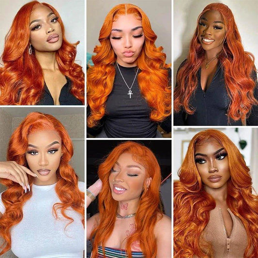 Mandotos Ginger Orange Body Wave Human Hair Lace Front Wig with 13x6 pre-plucked, #350 color, 200% density, natural-looking style