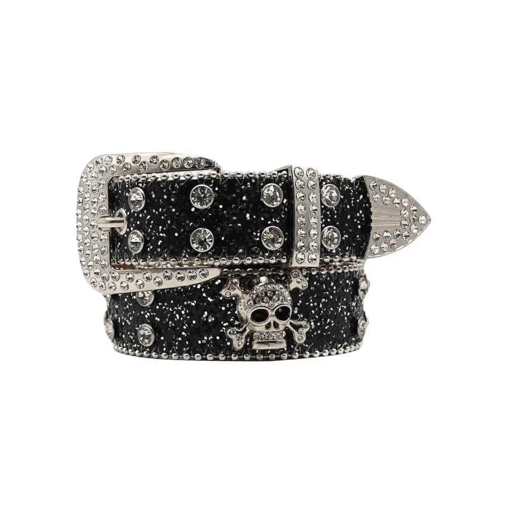 Glitzy Skull Fashion Belt by MANDOTOS featuring a shiny skull buckle and stylish black leather strap.