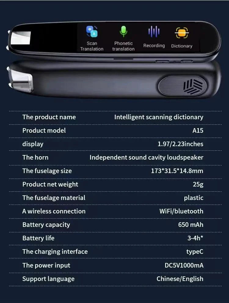 Mandotos Global Language Translator Pen with digital display and multilingual translation capabilities.