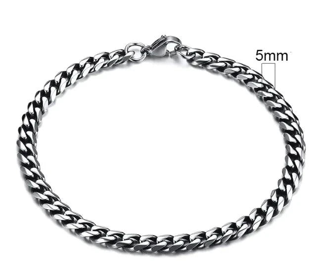 Gold-tone stainless steel Cuban bracelet with 3-11mm wide links, stylish and durable men's jewelry by MANDOTOS.