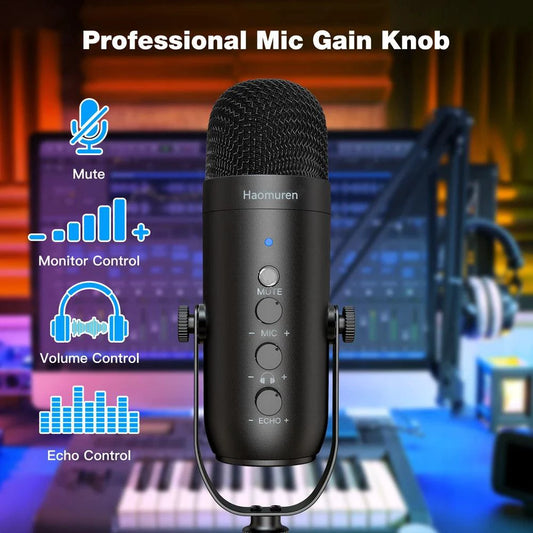 Mandotos Haomuren USB streaming podcast microphone kit with adjustable microphone, pop filter, and stand for high-quality audio recording.