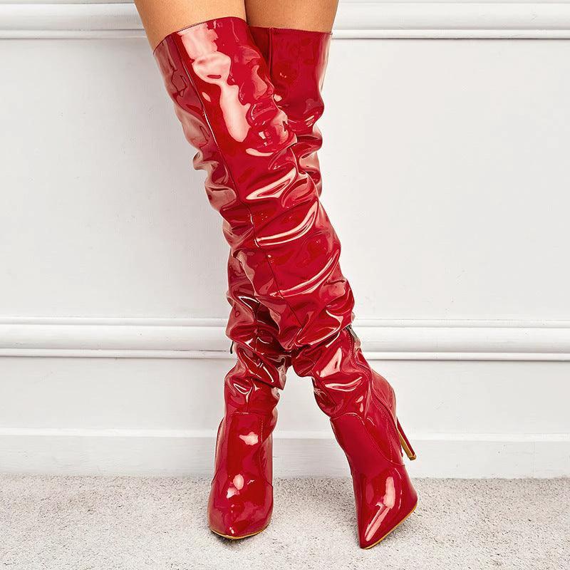 Mandotos high heel elastic knee-length patent leather boots with sleek design and shiny finish, stylish footwear for women.