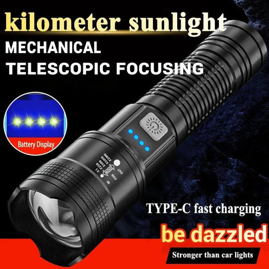 MANDOTOS high-power LED flashlight with 2000LM, tactical design, display light, USB charging, suitable for camping, fishing, and emergencies.
