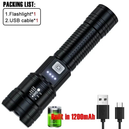 Mandotos high-power LED flashlight with 2000LM, tactical design, display light, USB charging, suitable for camping, fishing, and emergencies.