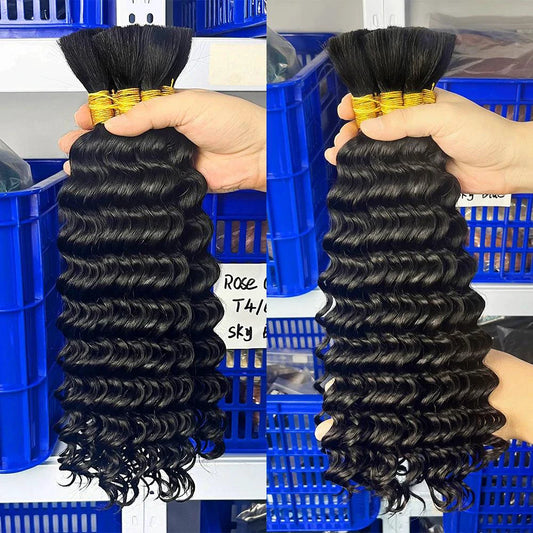 Mandotos human braiding hair in deep wave style, 100g bulk curly human hair extensions for boho braids, no weft included.
