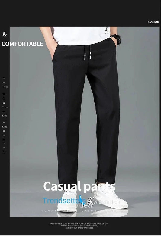Ice Silk Men's Pants 2025 Summer New Black Gray Thin Business Casual Pants Outdoor Elastic Breathable Straight Leg Sweatpants - MANDOTOS
