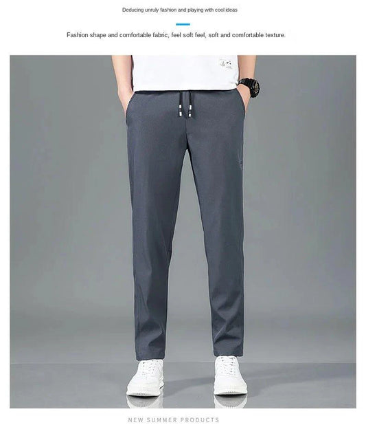 Ice Silk Men's Pants 2025 Summer New Black Gray Thin Business Casual Pants Outdoor Elastic Breathable Straight Leg Sweatpants - MANDOTOS