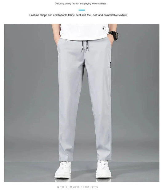 Ice Silk Men's Pants 2025 Summer New Black Gray Thin Business Casual Pants Outdoor Elastic Breathable Straight Leg Sweatpants - MANDOTOS